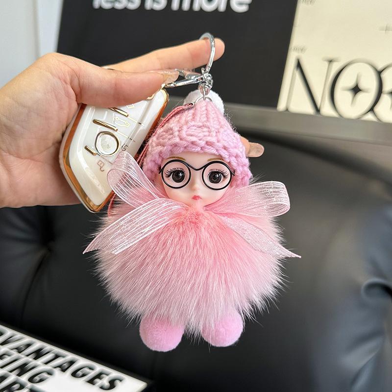 

Милая кукла с большими глазами, очки, брелок, подвеска, мягкий, пушистый, искусственный мех, мяч, автомобильный брелок, 15 см, мини-креативная плюшевая игрушка, сумка, украшение, подарок для пары розовый
