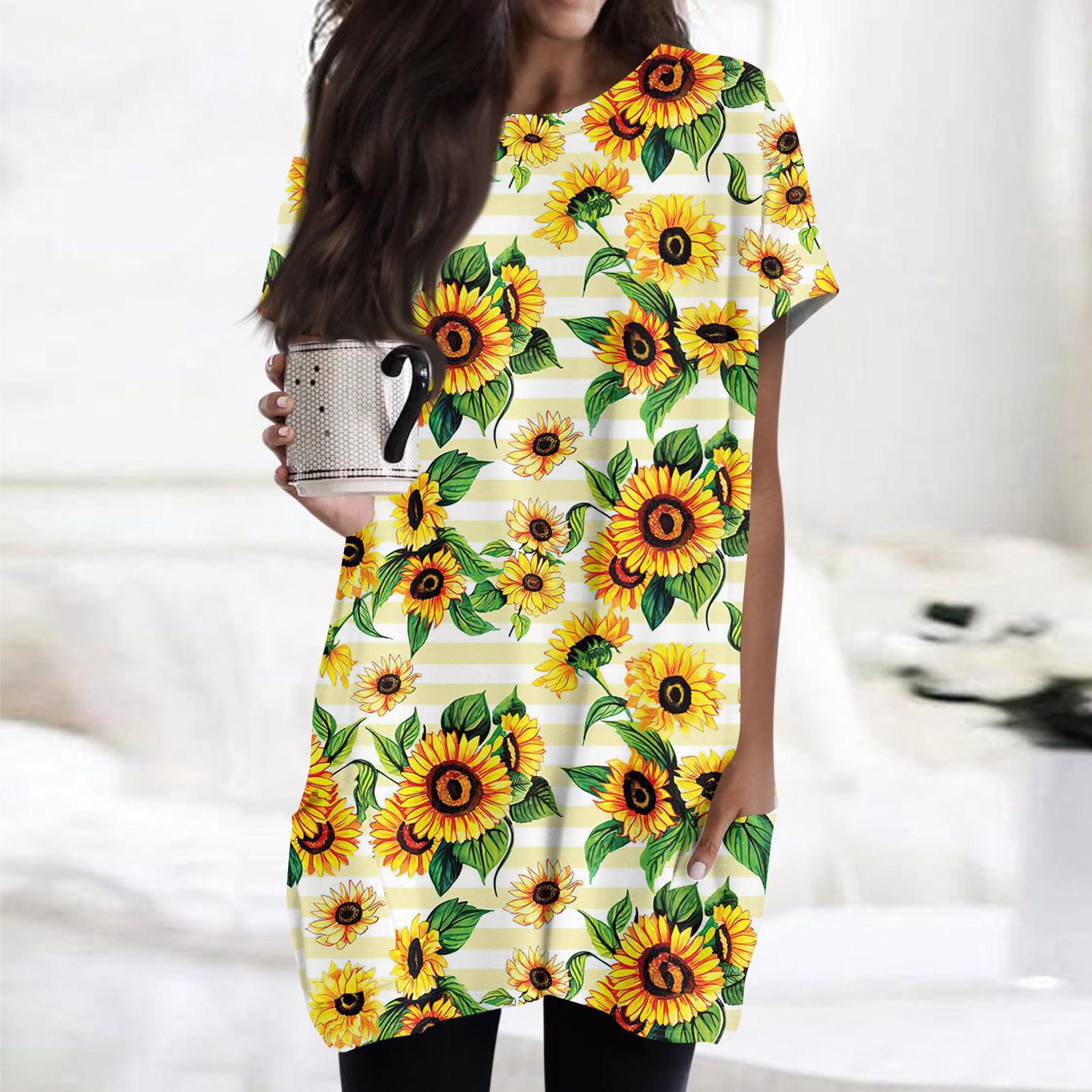 

Женская модная повседневная футболка с коротким рукавом и круглым вырезом с принтом и двумя карманами XL жёлтый