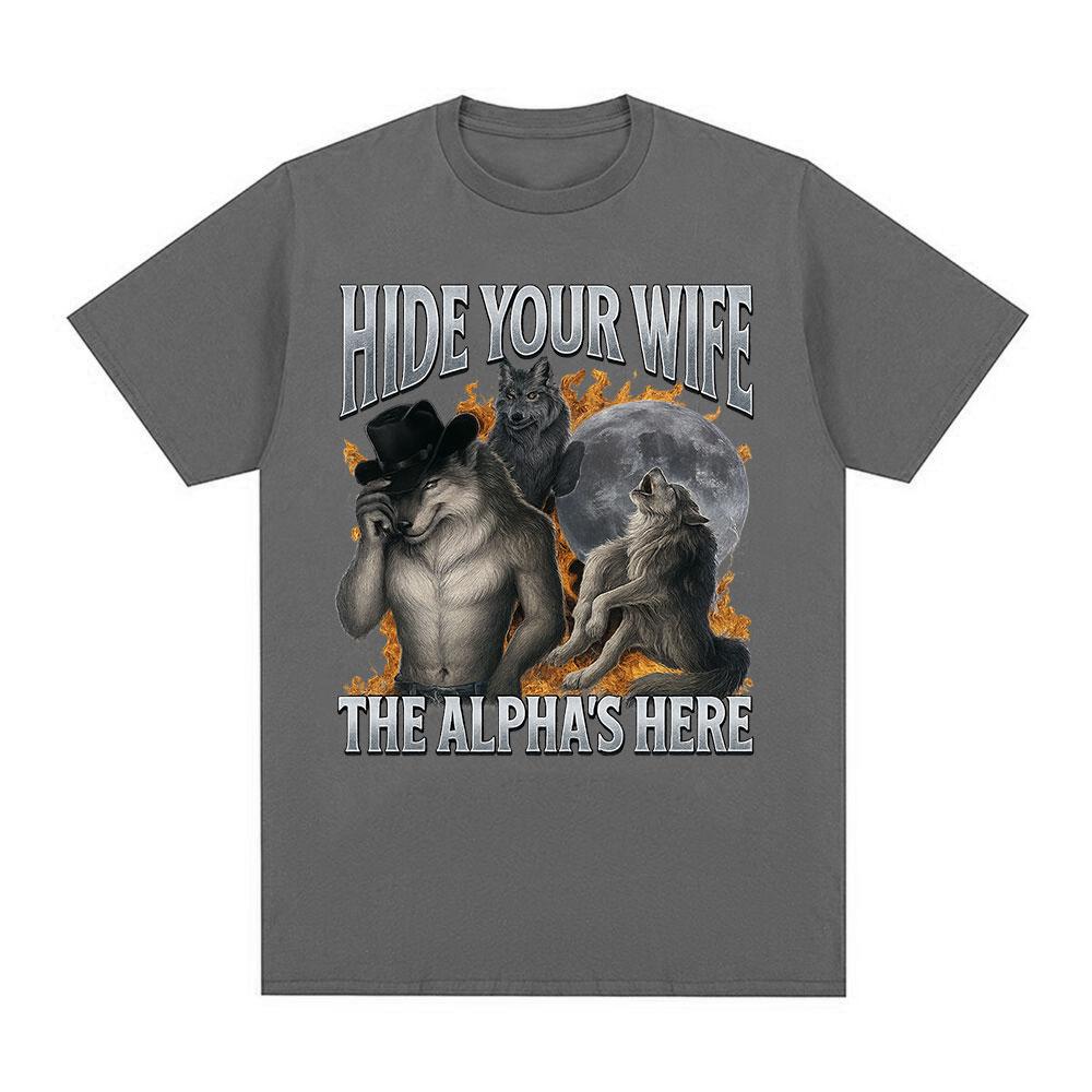 Hide Your Wife Alpha Here. Fun Werewolf Emoji Graphic T-shirt for Men. Fashionable Hip-hop Casual Cotton Short-sleeved
