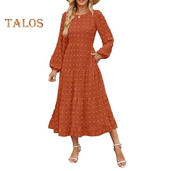 Herbst Winter Damen Kleid Lange Laternenärmel A-Linie Rundhals Großer Saum Punktapplikation Plissiert Einfarbig Dating Pendeln Midikleid