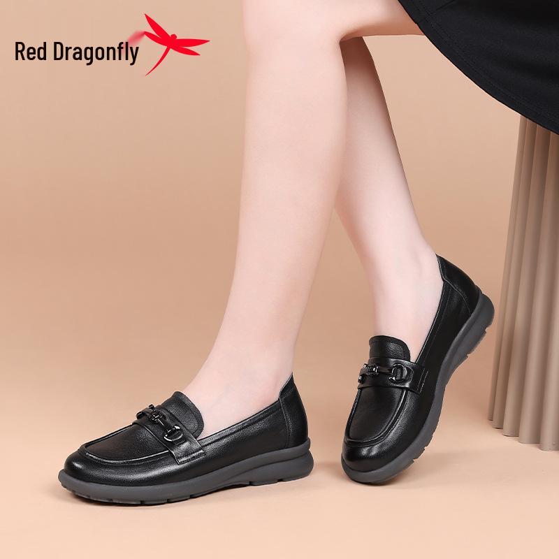 Red Dragonfly Women's Slip-on Loafers: 2025 New Autumn Genuine Leather, Soft Sole, Comfortable Single Shoes.