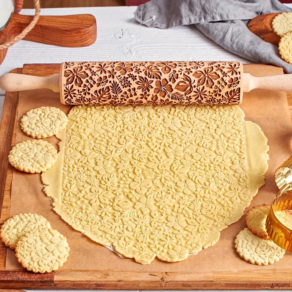 1pc, Flowers Leaves Rolling Pin, Wooden Embossing Dough Roller, for Pizza, Pie, Cookie, and More, Kitchen Utensils,Kitchen Gadgets,Kitchen Accessories