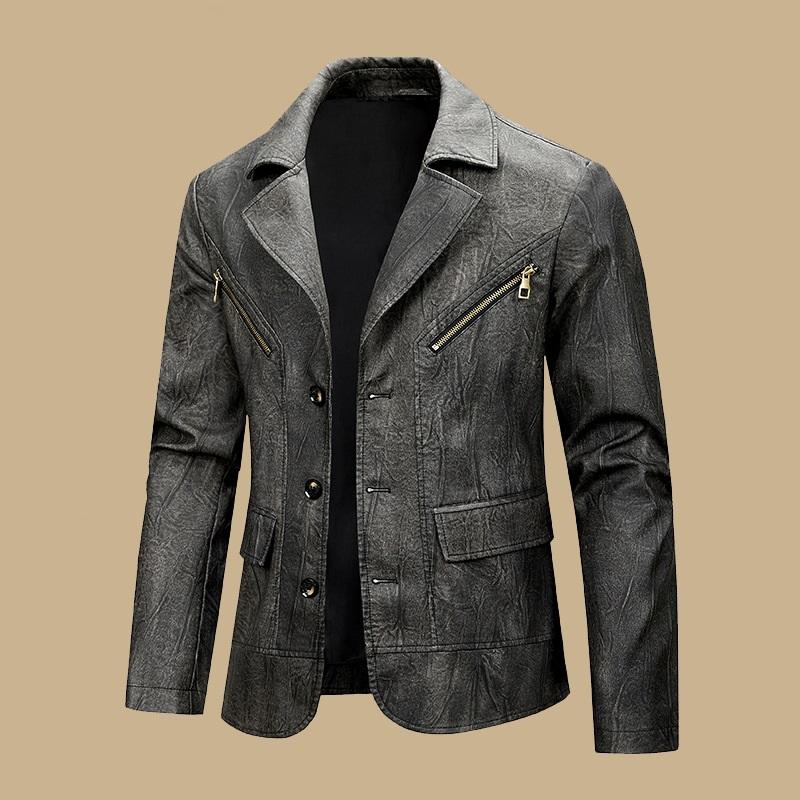 Men's Leather Suit Jacket Motorcycle Lapel Men's Retro PU Leather Jacket Slim Fit Jacket Men