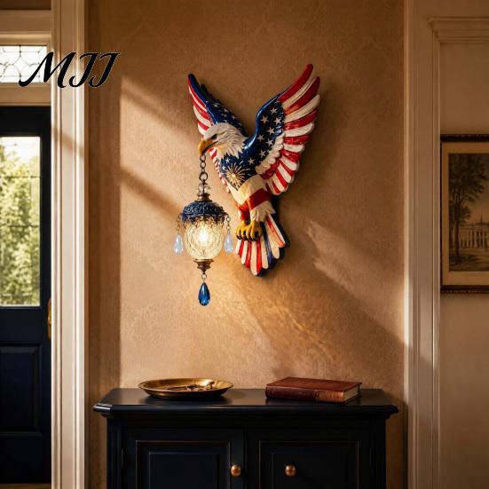 Entryway Decorative Wall Light Patriotic Bald Eagle Sconce Light, 3D Relief Sculpture Mount Lamp, American Theme Holiday Gift Flag Design with Warm &