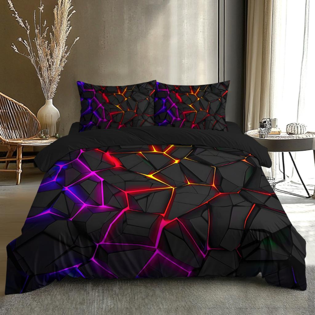 Digital Printing Soft with Soft Fabric Duvet Cover Set, Patern of Colorful Light Shing Through Black Rocks, It Uses a 3D Ultra-Soft Brushed, 3Pcs