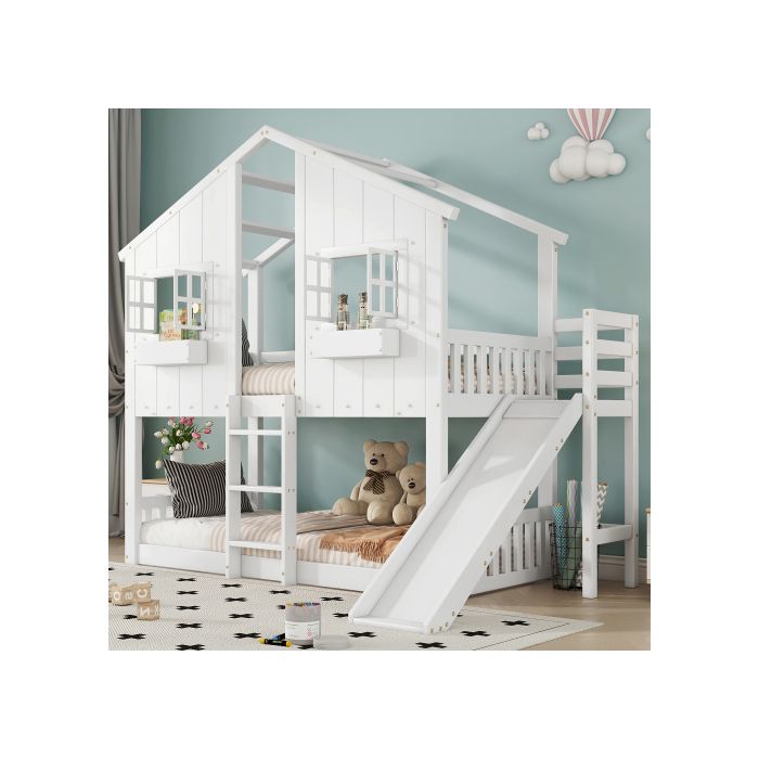 Etagenbett mit Rutsche, mit Dach und Fenster, mit Rausfallschutz, mit dreifacher Leiter, Kiefer + MDF, Weiß, 90x200 cm