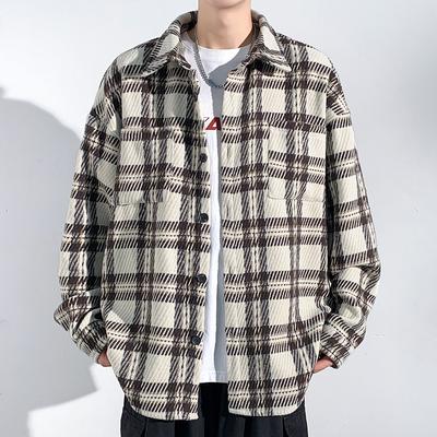 Jaqueta de lã xadrez escovada de manga comprida, flanela folgada, cor contrastante, lapela xadrez, jaqueta casual cargo