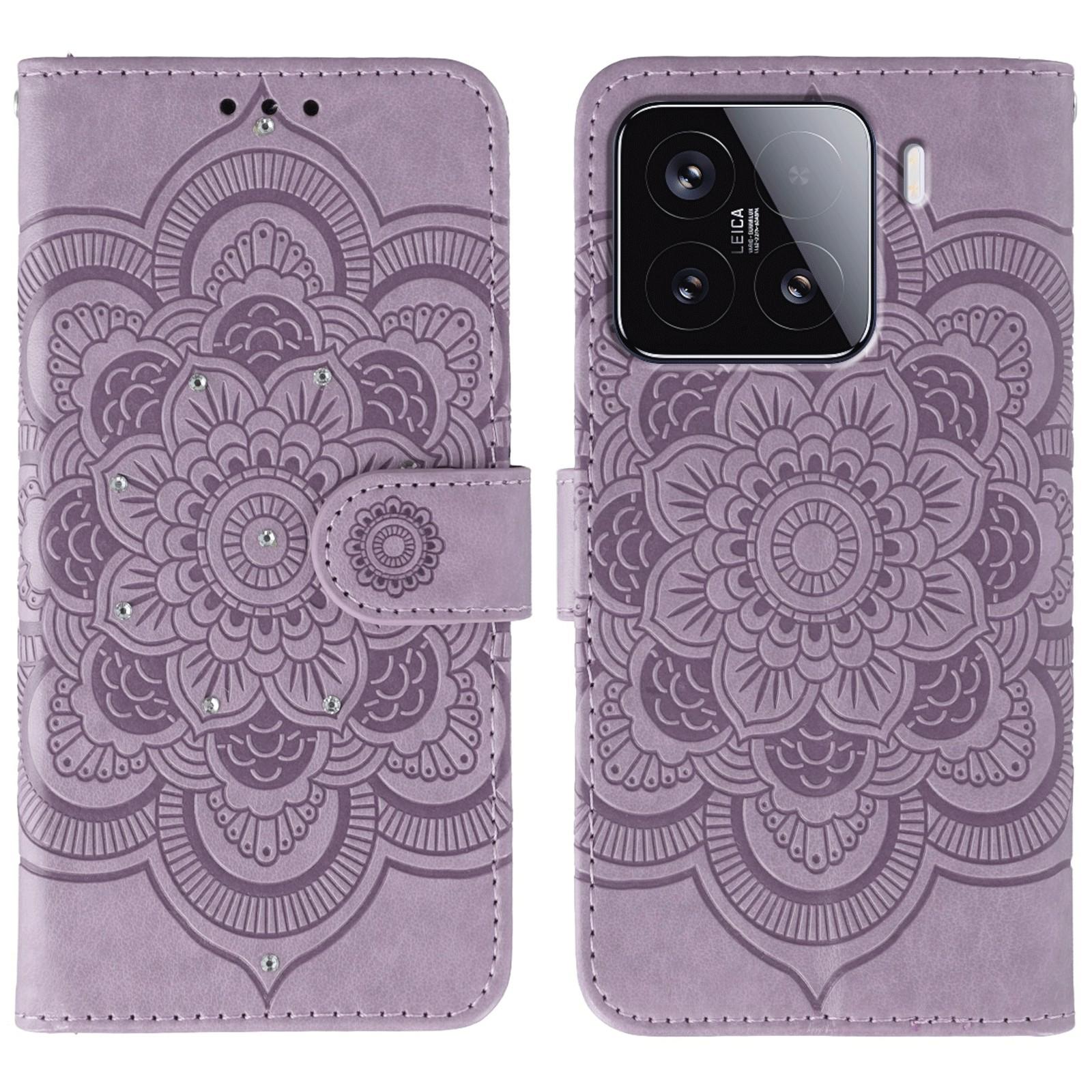 

For Xiaomi 15 Pro Case Rhinestone Decor PU Leather Mandala Imprinted Design Phone Cover with Wrist Strap Purple