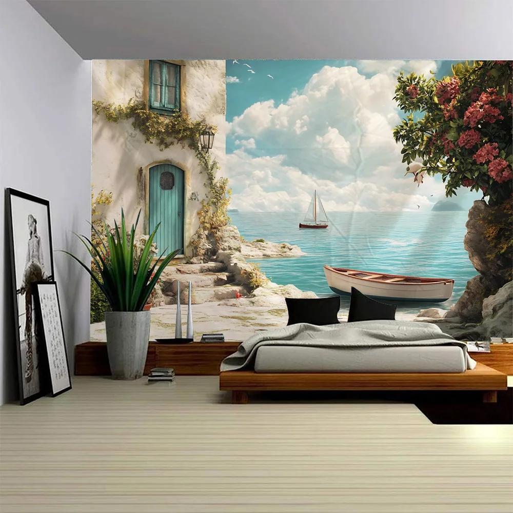 HD-Dreamy Sea & Pirate Ship Wallpaper - Oil Painting Style Wall Art for Bohemian Home Decor, Ocean Themed Room or Bed Cover
