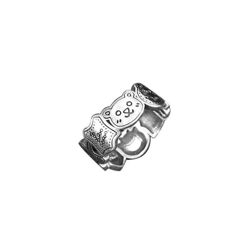 S925 Sterling Silver Graffiti Gingerbread Man & Bear Christmas Ring: Women's Retro Open Index Finger Style