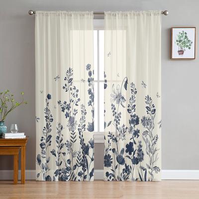 Rideaux transparents vintage à fleurs et feuillages et libellules pour salon, chambre à coucher, chambre d'enfant, traitement de fenêtre en tulle