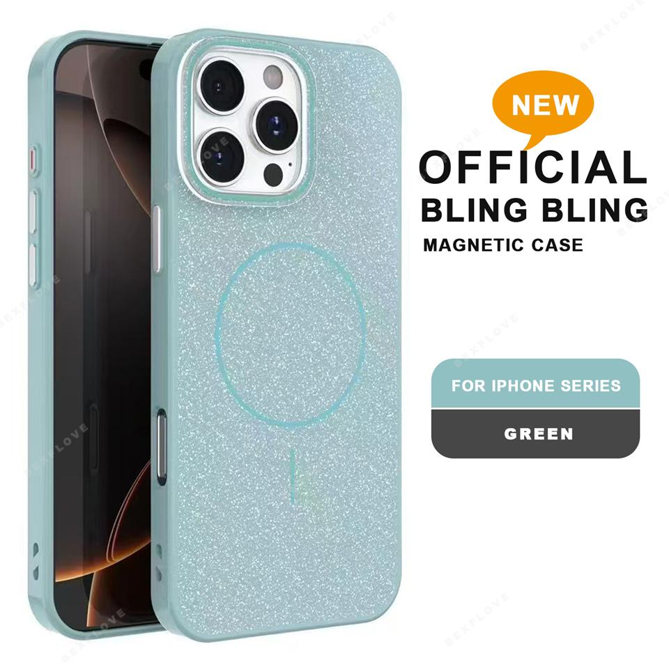 Magnetic Phone Case for iPhone 16E 15 14 Plus 11 12 13 16 Pro Max Magsafe Luxury Glitter Wireless Charging Shockproof Hard Cover