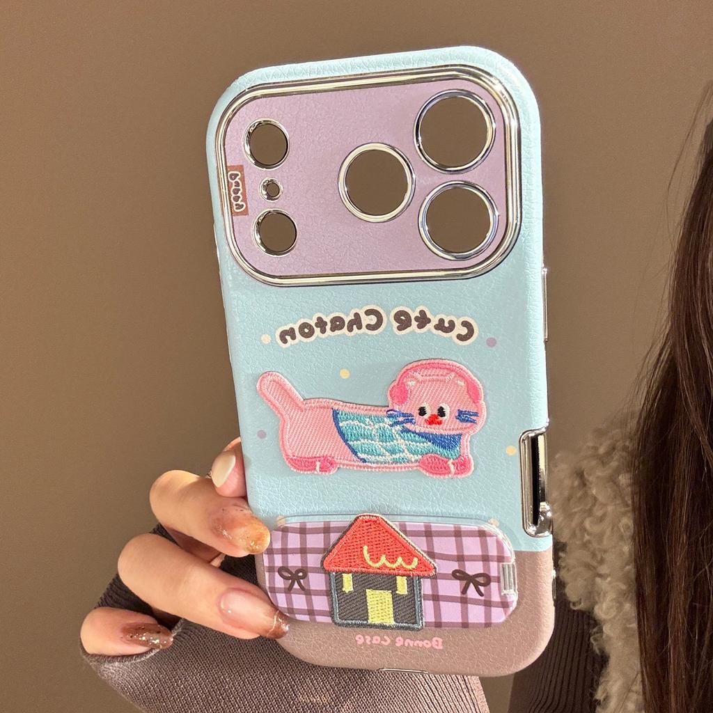 Embroidered Cats and Puppies for IPhone17promax for Apple 16 Mobile Phone Case 15 for 13 Color Leather 11 Mirror