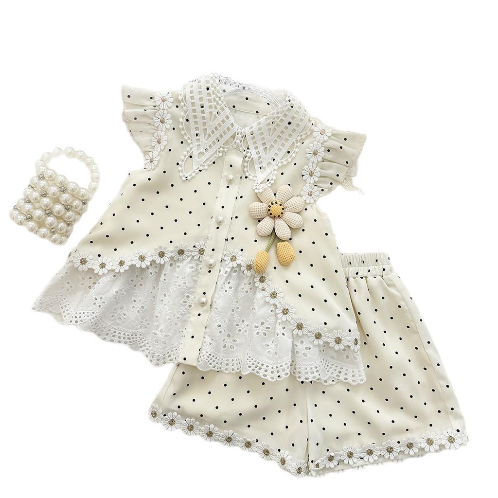 Girls Summer Polka Dot Daisy Ruffle Sleeve Lace Top And Shorts Two Piece Set Cute Casual Outfit For Kids