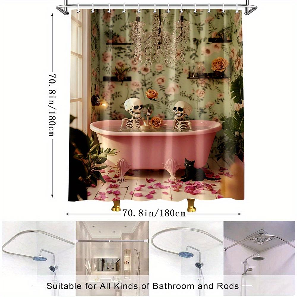 1Pc Halloween Skeleton Bath Curtain - Floral Background With Dancing Skeletons In Pink Bathtub, Roses & Greenery Design, Durable