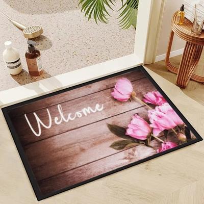 VIKAMA 40*60CM Tappeto da Pavimento 3D con Fiori Effetto Legno Tappetino per Porta d'Ingresso Tappetino per Piedi Tappeto Decorativo da Pavimento con Fiori per San Valentino