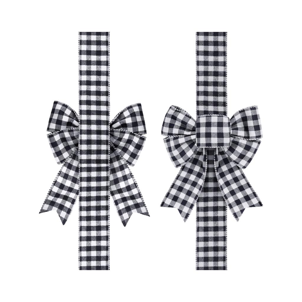 Xmas Bows Black Style 1 Checkered Ribbon Bows for Front Door Cabinet Fireplace Decor 20x200CM