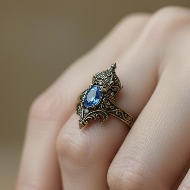 2026 Retro Ethnic Style Ladies Castle Ring, Ancient Gold Inlaid with Blue Zircon Jewelry no. 6