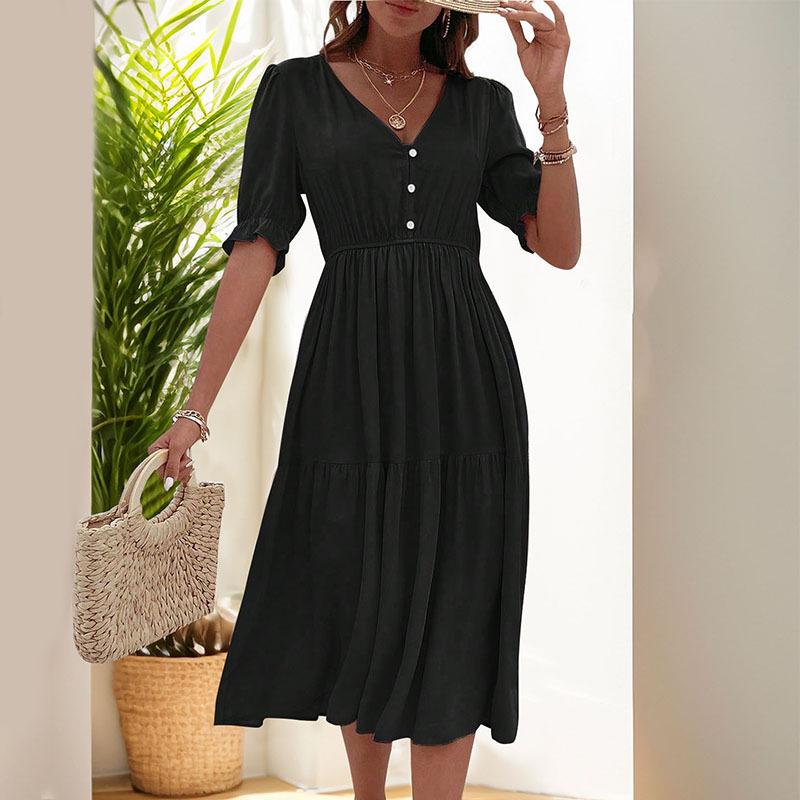 2025 European & American Summer Women's V-neck Solid Color Waist-cinching Dress