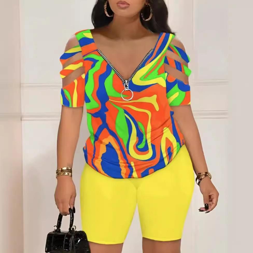 Sommermodischer 2-teiliger Anzug mit bedruckten T-Shirts und kurzen Hosen, lässige Outfits für Damen in Übergröße