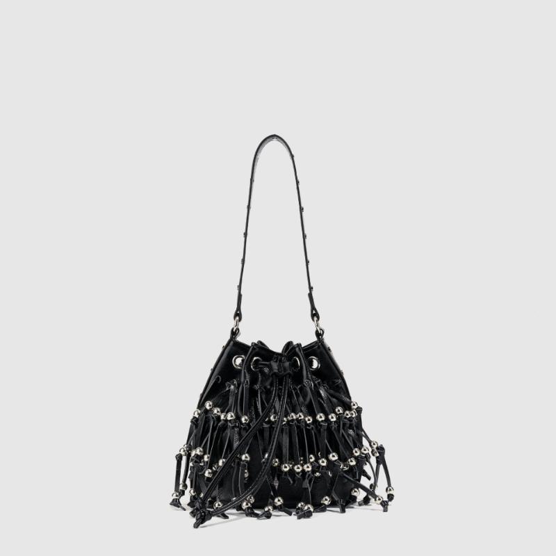 Fashion Rivet Bucket Bag Punk-style Fringes Beads Decor Underarm Bag Street Party Womens' Drawstring Design Large Handbag