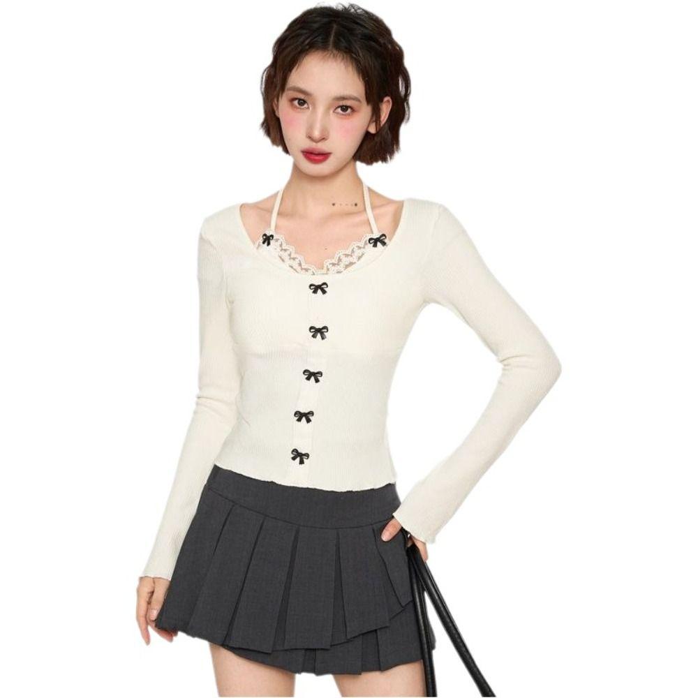 Lace Tied Up Long Sleeved T Shirts Slim Fit Fake 2 Pieces Crop Tops  Travel