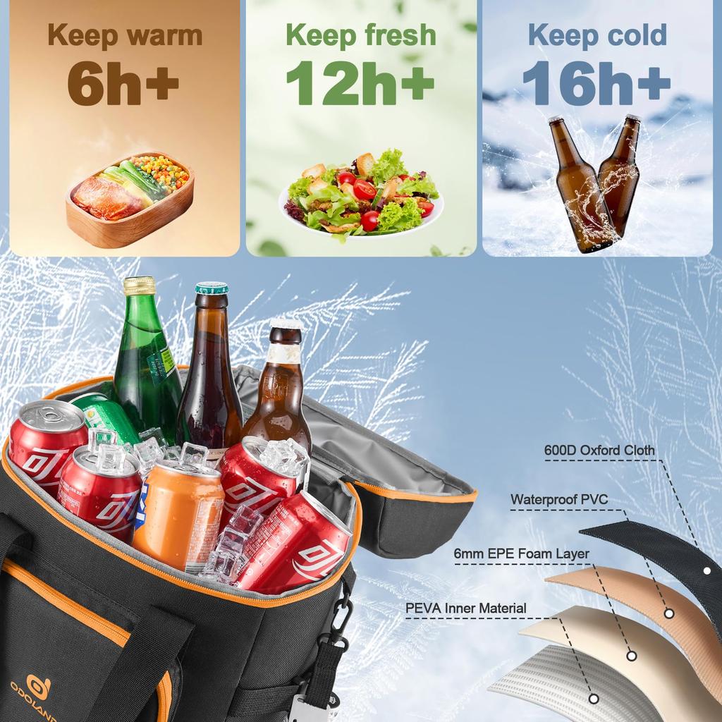 Rucsac răcoritor Odoland, 22L, cutie frigorifică moale, reținere a frigului până la 16 ore, structură de izolație cu 4 straturi, include 3 pachete cu gheață și desfăcător de sticle, dimensiune mare