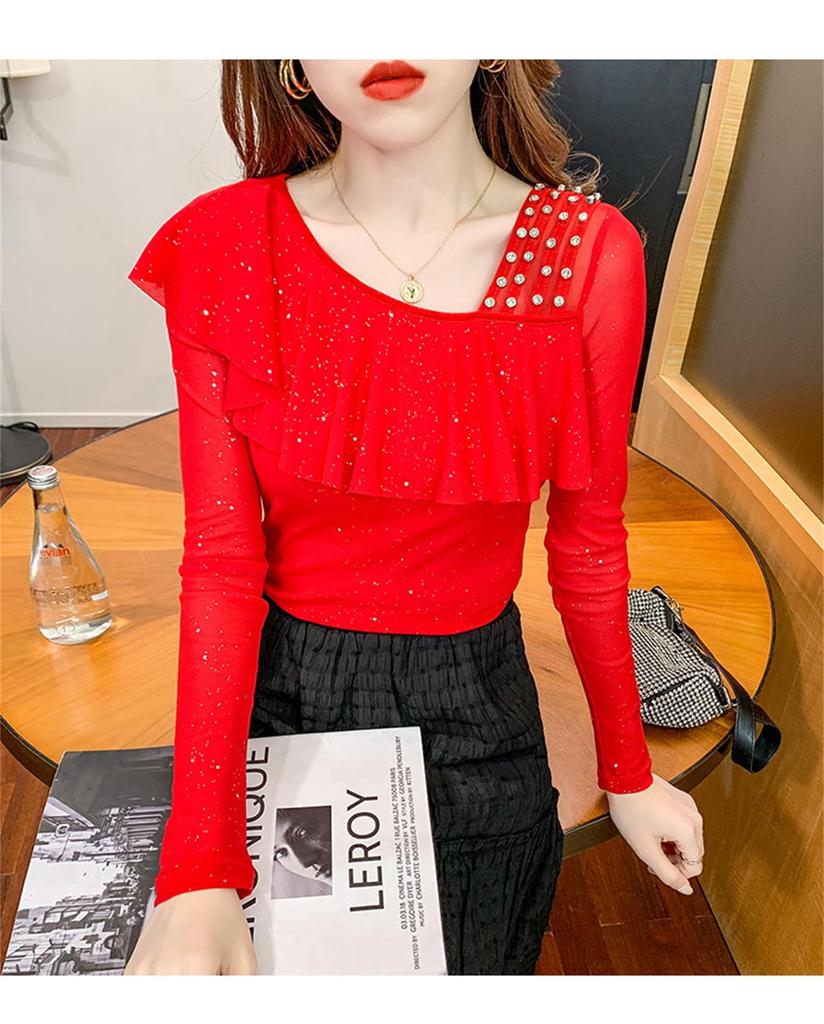 TAITENG Ballroom Dance Sparkly Practice Ruffled Long Sleeve Elegant Paso Doble for Stage and T-Shirt, Dancewear, Wear, Cut-and-Sew Top, Sheer,