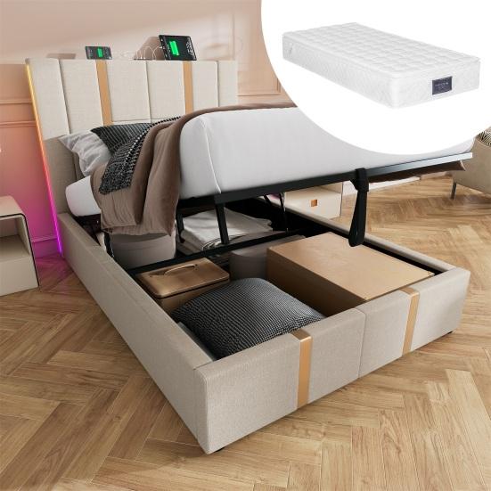 Double Bed Linen Cover Charging Function with Storage Space Mattress Headboard Soft App Control Strong Wood Slat Support Bedroom Furniture LED Light