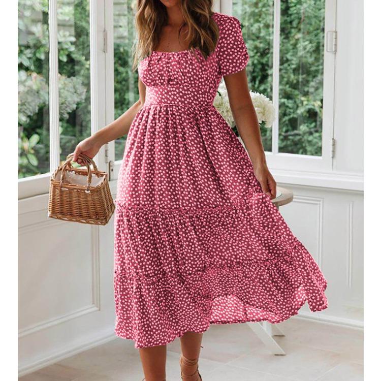 Women's Fashion Summer Spring Floral Print Short Sleeve Square Collar High Waist Casual Dresses