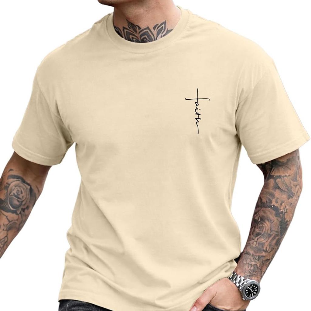T-shirt Casual Manches Courtes Col Rond Minimaliste Homme Imprimé Lettre Manuscrite Croix de Foi