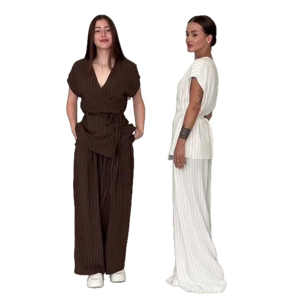 2025 Summer European & American Slimming V-Neck Top & Wide-Leg Pants Two-Piece Set