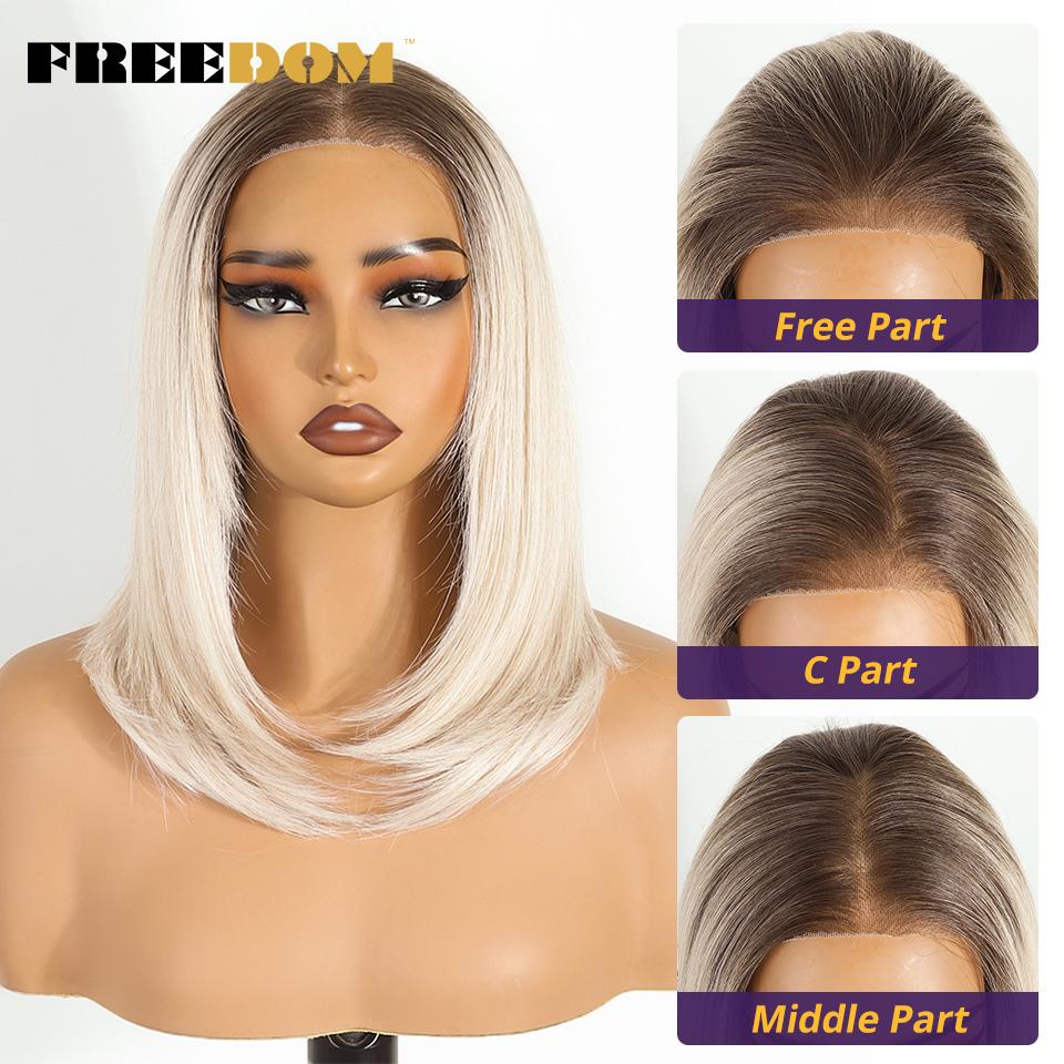 FREEDOM Synthetic Lace Front Wigs For Women Short Bob Layered Straight 6x4 Wear And Go Glueless Wig Ombre Pre Plucked Lace Wigs