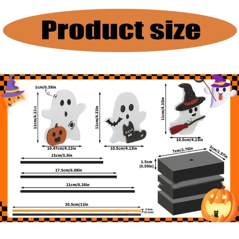 Set of 3 Ghostly Halloween Tabletop Decors Specter Figurines Ornament Wood Crafted Halloween Tabletop Accent