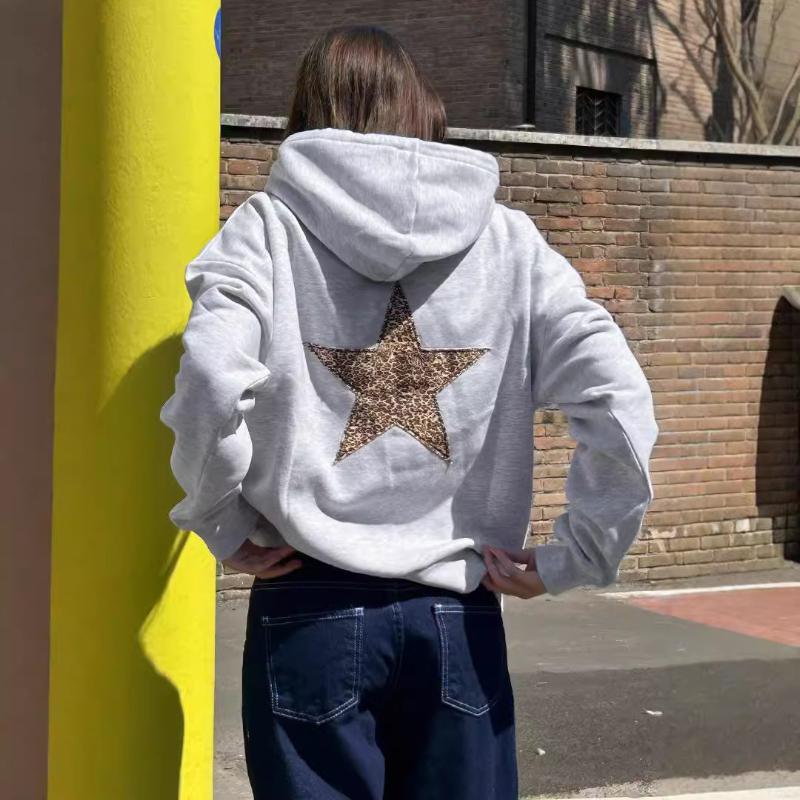 Street Personality Leopard Print Pentagram Print Fashionable Pullover Drawstring Sports Style Hip-hop Casual Hoodie for Men and Women