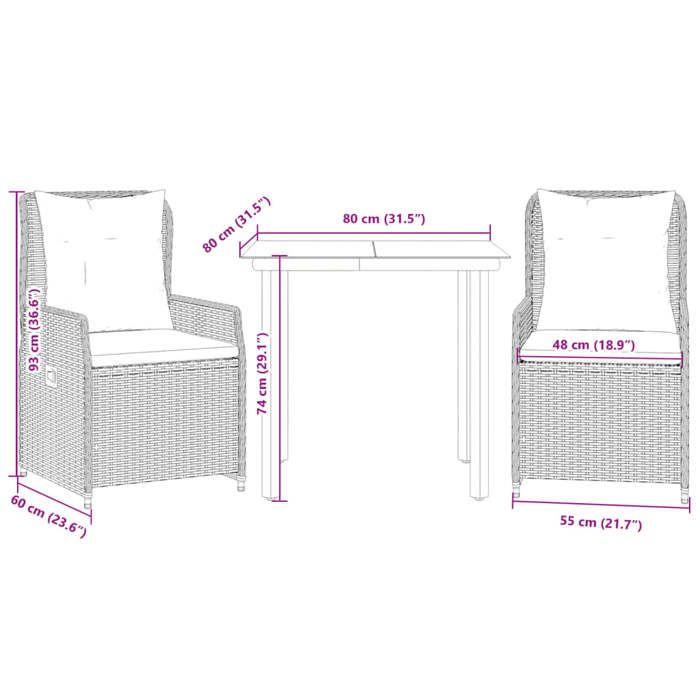 VidaXL Ensemble à manger de jardin 3 pcs et coussins marron poly rotin 3262847