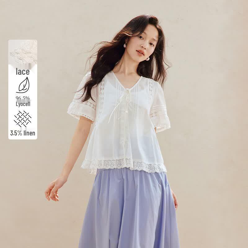 Inman Lyocell Linen French Embroidered Short-Sleeve Blouse S