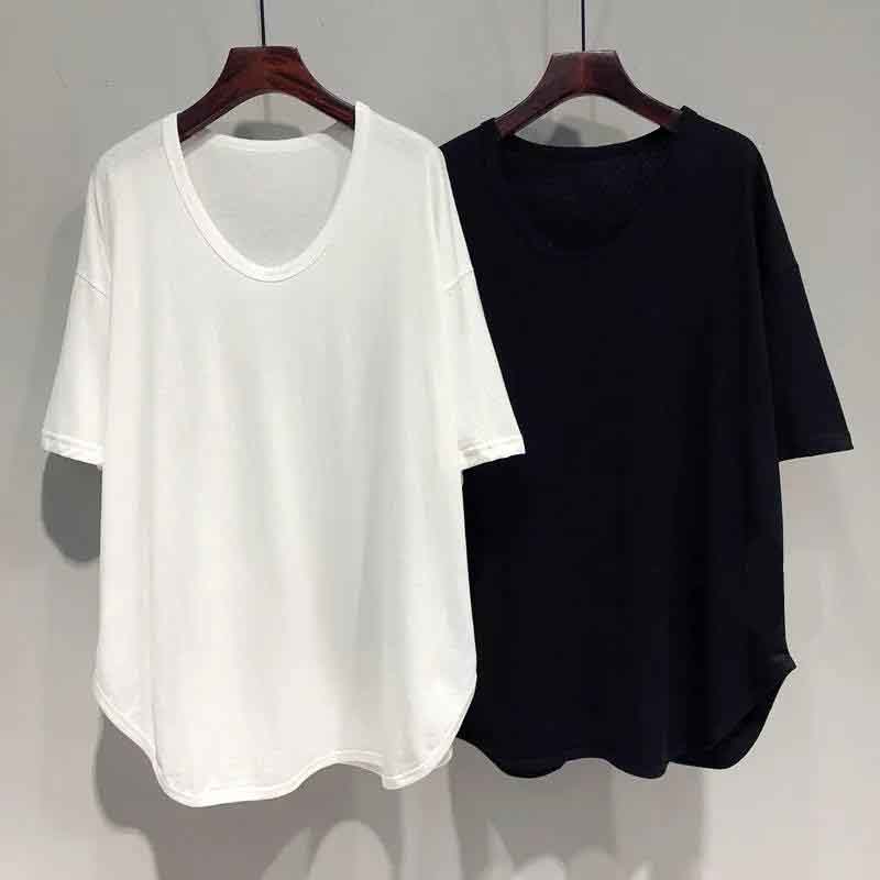 Arco primaverile ed estivo, versione coreana della versione coreana di T-shirt ampia e pigra con maniche a pipistrello e colletto a U di media lunghezza Top a maniche corte da donna