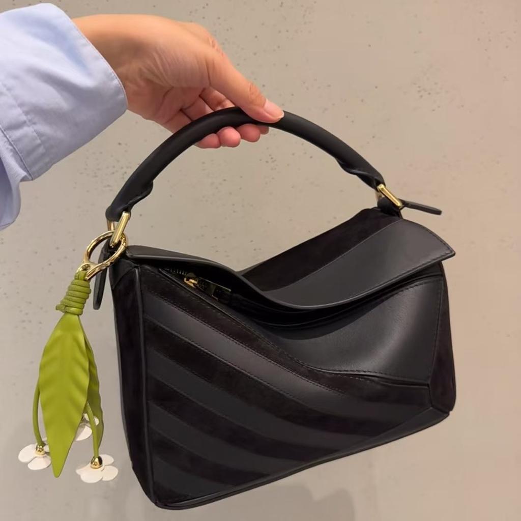 Bao Women's 25 New Style Puzzle Cowhide Stitched Retro Leather Surface Quilted Bag With Hidden Ribbon Decoration Cross-body Satchel