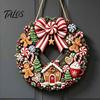 Seasonal Front Door Decor Gingerbread Man Wreath Wooden Sign for Door, Retro Christmas Hanging Plaque with Holiday Porch Decoration Candy Cane Bow And