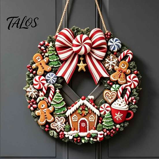 Seasonal Front Door Decor Gingerbread Man Wreath Wooden Sign for Door, Retro Christmas Hanging Plaque with Holiday Porch Decoration Candy Cane Bow And