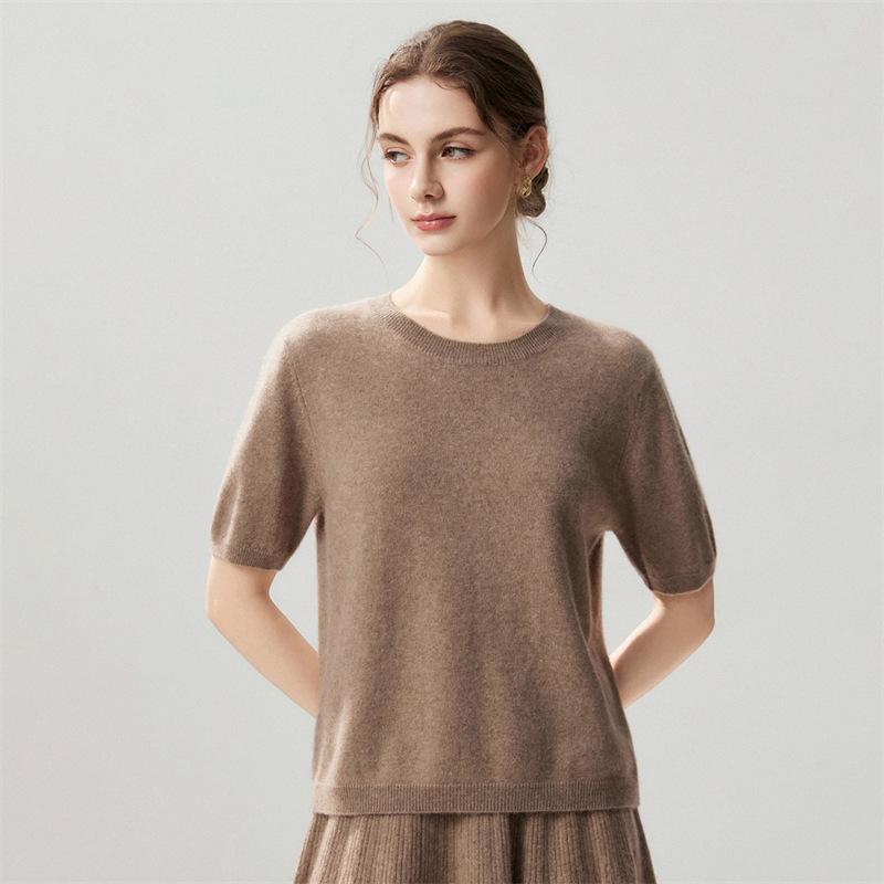 Top a strati da donna Lekasha in cashmere a maniche corte con scollo rotondo