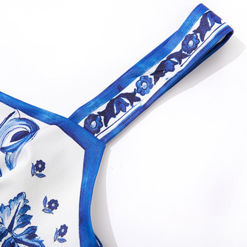 Elegant Porcelain Pattern Two Piece Set Women Flower Print Short Crop Top Pleated Maxi Skirt Suits Female Patchwork Vintage Strap Sets 2024