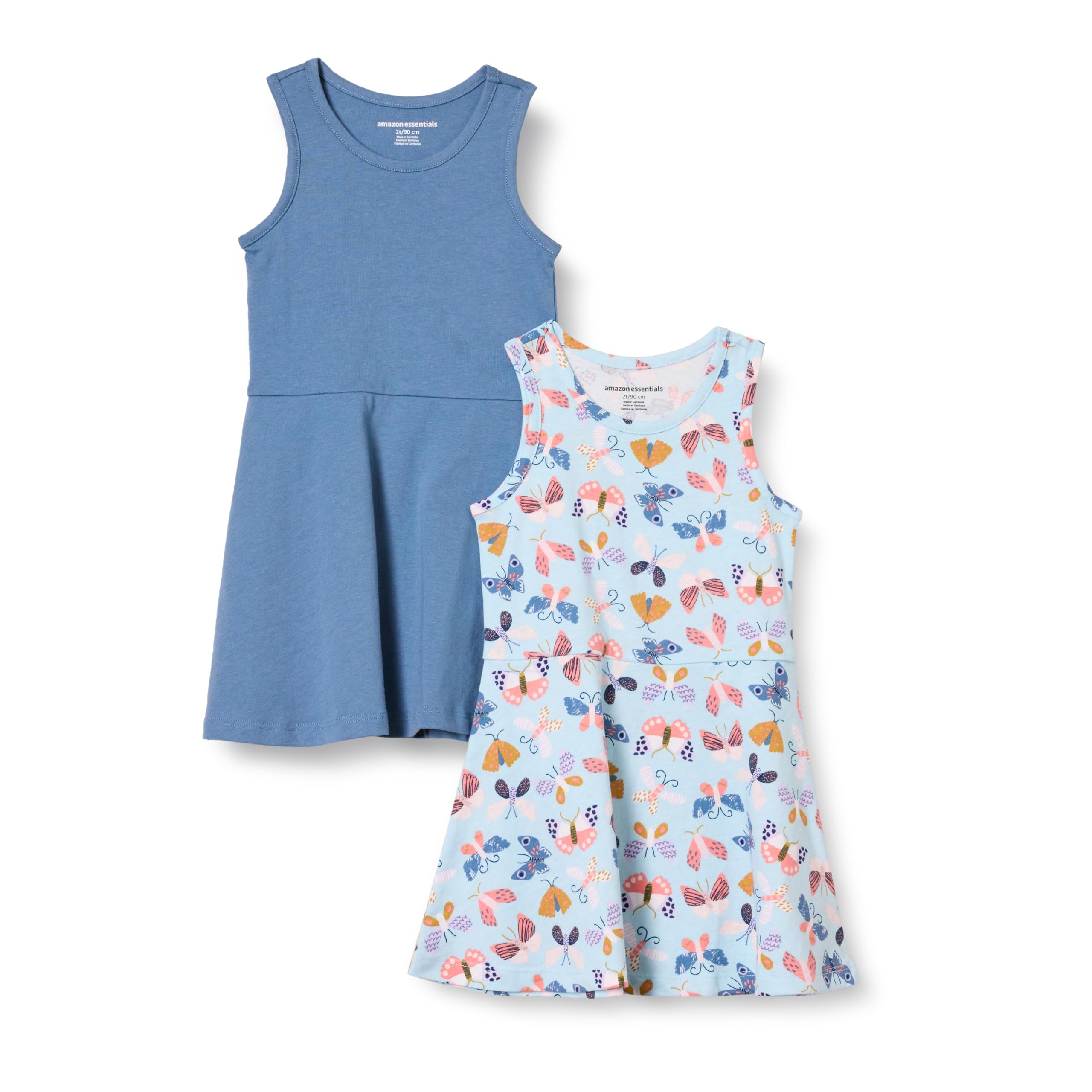 

Amazon Essentials Sleeveless Tank Top Dress for Toddler Size 90 2-Pack Girls, Butterflies/Blue,