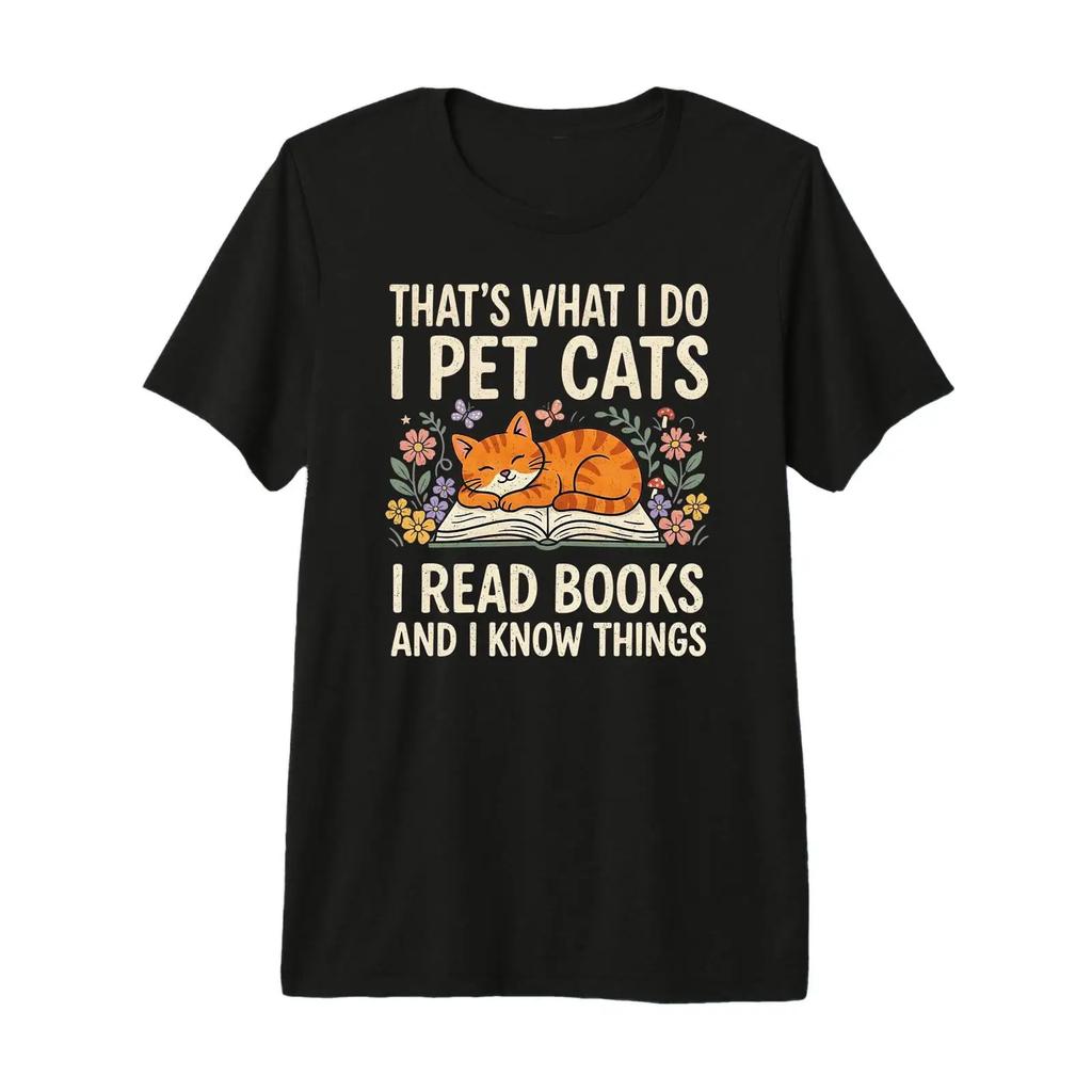 Cottagecore Cat I Read Books And Know Things Reader Premium T Shirt Vintage Casual Soft Graphic Designer Clothes