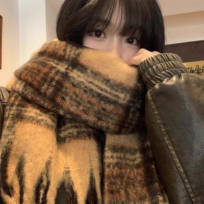 Maillard Brown Plaid Imitation Cashmere Scarf Women's Year Autumn and Winter Fringed Thickened Warm Shawl Scarf Tide