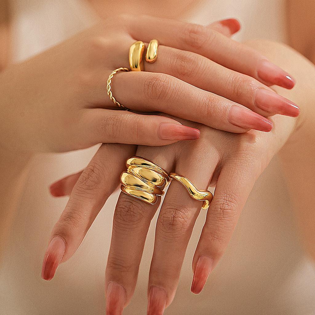 IngeSight.Z 4Pcs Punk Adjustable Open Gold Color Ring Fashion Smooth Metal Ring Set Women's Aesthetics Party Jewelry
