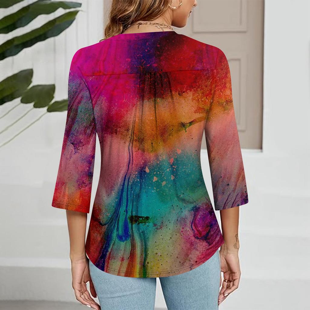 Women's Casual V-neck Gradient Print Three-quarter Sleeve Fashion Top