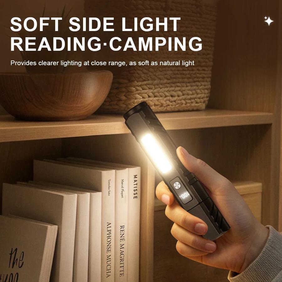 EDC LED Pocket Flashlight with Magnetic Type-C Rechargeable Torch with Side Light Digital Display Outdoor Waterproof Work Lamp