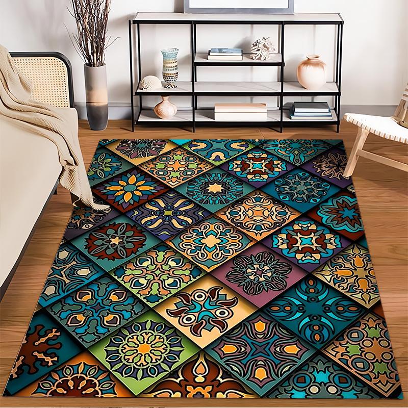 Colorful Geometric Carpet with Vintage Floral Tile Patterns Suitable for use as an anti-slip for living room bedroom sofas